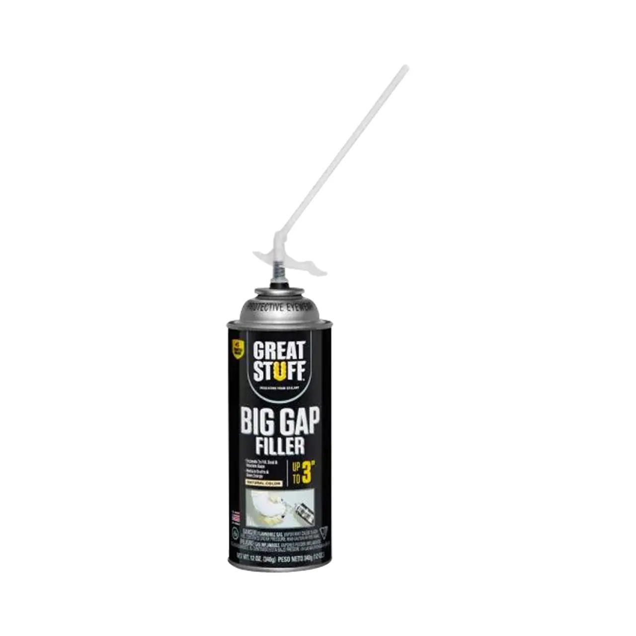 A 12 oz. can of Go Build Big Gap Filler Spray Foam Insulation, designed to seal and fill gaps up to 3 inches wide, with an attached straw applicator.